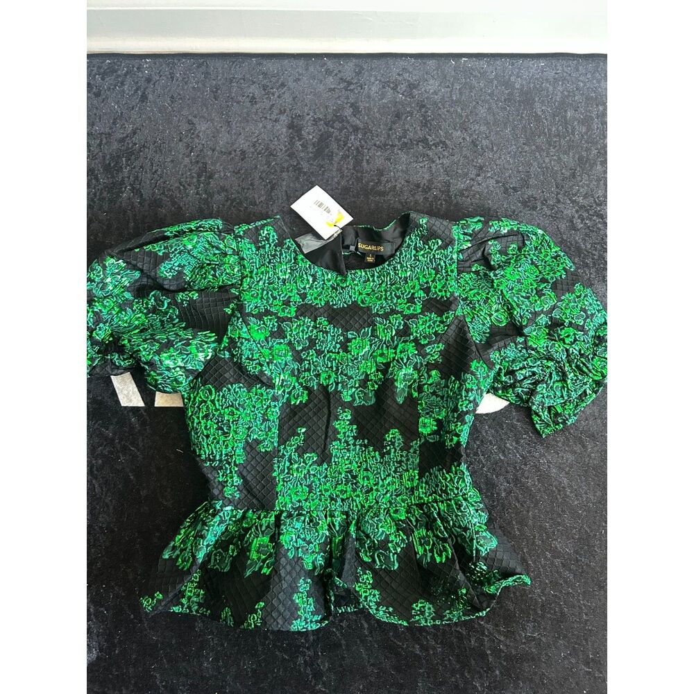 NWT Sugarlips Women Size L Green Black Floral Jacquard Puff Sleeve Peplum Top